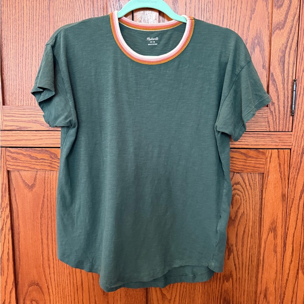 Madewell Ringer Tee Medium Green Striped Collar Retro